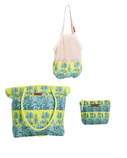 Three matching fabric accessories on a white background: a large tote bag, a mesh shoulder bag, and a small zip pouch, all featuring a bright yellow-green and teal botanical pattern with a small brown leather brand tab.