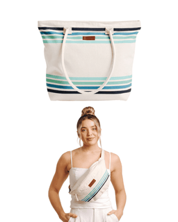 A striped canvas tote bag with cream, light blue, teal, and navy horizontal stripes, shown at the top. Below it, a woman wearing a white tank top models a matching diagonal crossbody sling bag with the same color and stripe pattern.