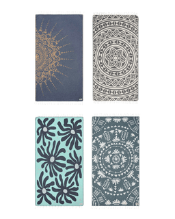 Four decorative towels with mandala designs on a white background