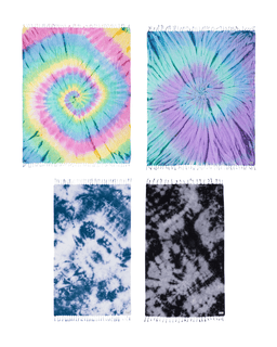 Four tie-dye patterns on a white background