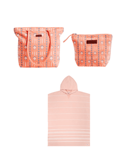 Set of pink patterned bags and a pink hooded poncho on a white background