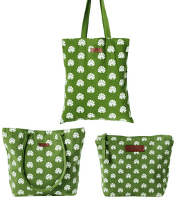 Green shell-print tote bag, drawstring tote bag, and zipper pouch bundle, shown together on a white background.