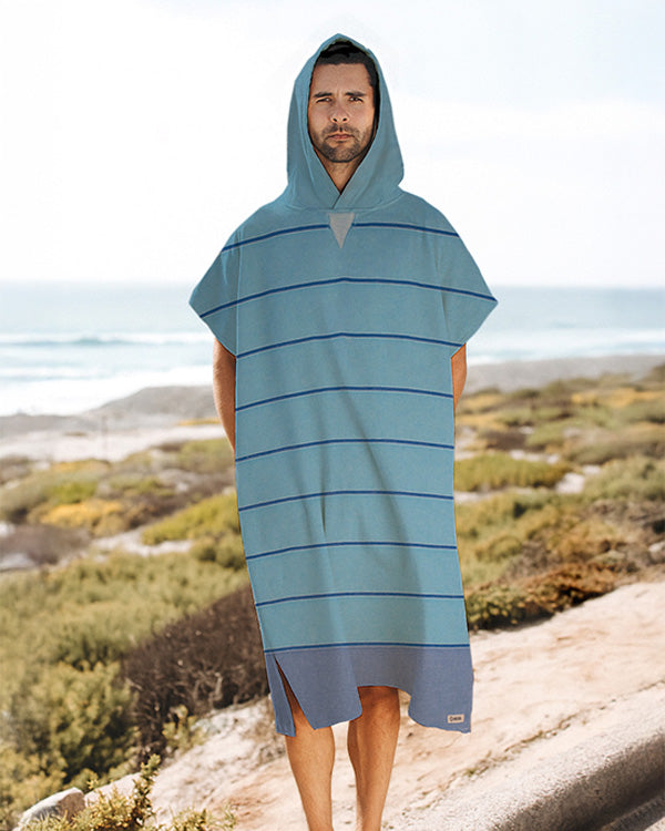 Colorblock Stripe Hooded Poncho - Aqua