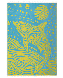 Towel with a shark design on a blue background