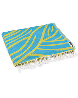 Blue and yellow patterned towel with white fringe on a white background