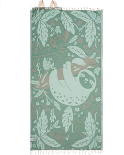 Towel with sloth and leaf pattern on a green background