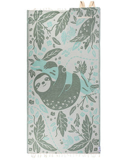 Towel with sloth and leaf pattern on a white background