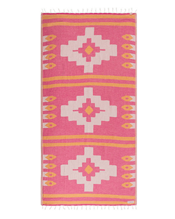 Pink towel with geometric patterns on a white background