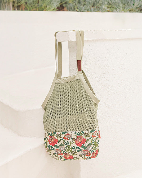 Floral Net Market Bag Natural (With Pocket & Snap Closure)