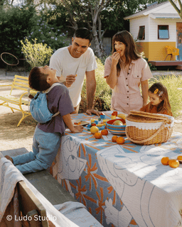 Family of four enjoying a meal outdoors at a table with a colorful Sand Cloud Bluey blanket as a tablecloth.