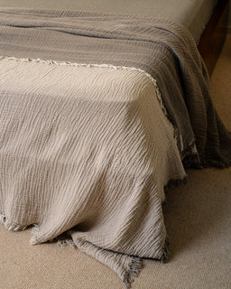 Textured beige blanket draped over a bed with a neutral background