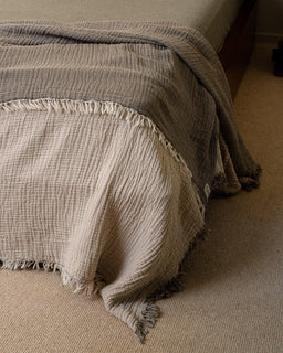 Textured blanket with frayed edges on a bed in a neutral setting