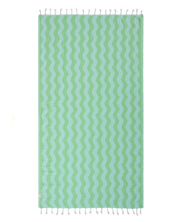 Green and light blue striped towel with white tassels on a white background
