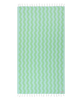 Green and light blue striped towel with white fringe on a white background