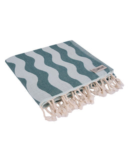 Teal and white striped towel with tassels on a white background