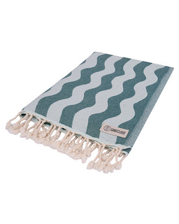 Teal and white striped towel with tassels on a white background