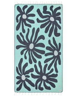 Teal towel with black floral patterns on a white background