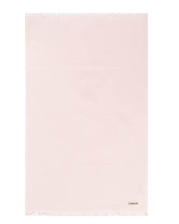 A pale blush pink hand towel with fringed edges, displayed flat against a white background. 
