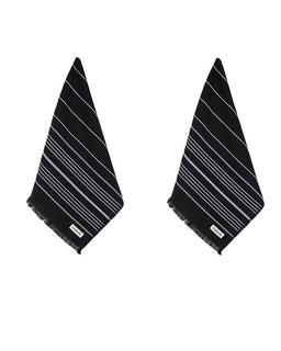 Two black fringed hand towels with diagonal white stripes, displayed side-by-side on a plain white background.