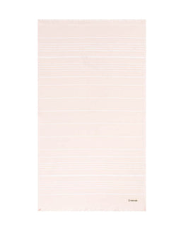 A pale blush pink beach towel with thin, evenly spaced horizontal white stripes and fringed edges, shown flat against a white background.