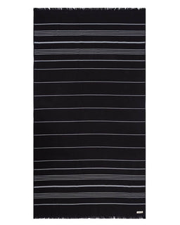 A black rectangular towel with horizontal white and light gray stripes and fringed edges, shown flat against a white background.