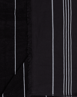 A close-up of a black textile product, likely bath towel, featuring white vertical pinstripes and fringed edges.