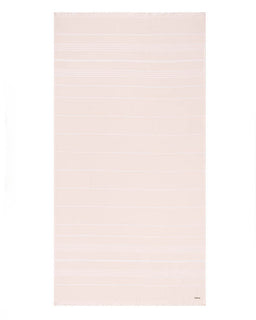 A pale blush pink bath towel with thin, horizontal white stripes, shown flat against a white background.