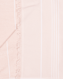 A close-up of a pale blush pink fabric with white vertical stripes and a fringed edge.