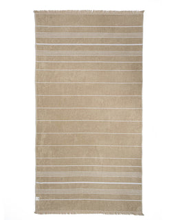 A rectangular beige towel with horizontal white stripes and fringed edges, shown flat against a white background.