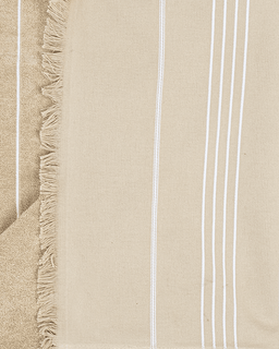 A close-up of a beige woven textile with white vertical stripes and fringed edges.