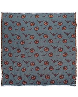 A square blanket with a repeating Halloween pattern of orange jack-o'-lanterns and dark red bats on a muted blue-gray background, finished with fringed edges.