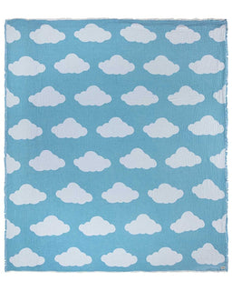 A blue towel with a repeating cloud pattern and fringe tassels on the edges.