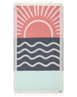 Towel with a sun and wave design on a white background