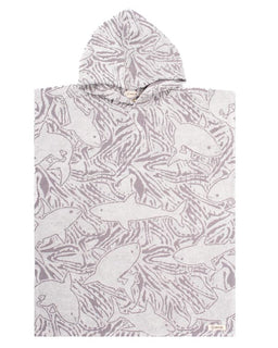A gray hooded poncho with a pattern of various sharks displayed over a light background.