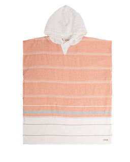 An orange striped hooded poncho with side pockets laid flat on a white background.