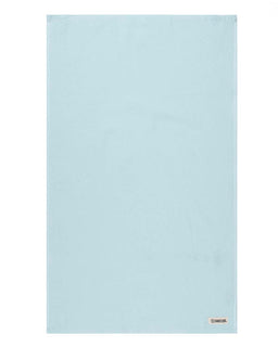 Light blue towel with a brand logo on a white background