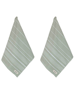 Two green striped towels on a white background