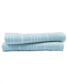 Two light blue textured towels stacked on a white background