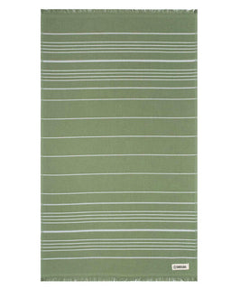 Green and white striped hand towel on a white background