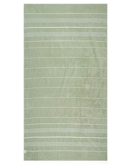 Green towel with white stripes on a white background