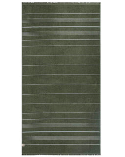 Green towel with white stripes on a white background