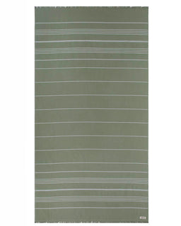 Green towel with white stripes on a white background