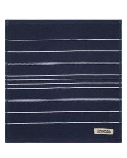 Navy blue fabric with white stripes and a brand label on a white background