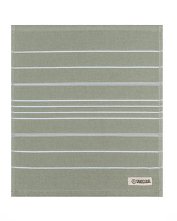 Green fabric with white stripes and a brand label on a white background