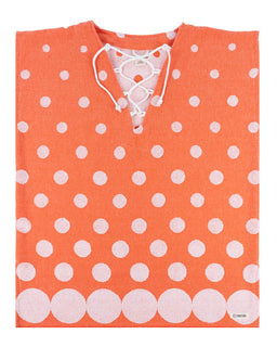 Orange poncho with white polka dots on a white background