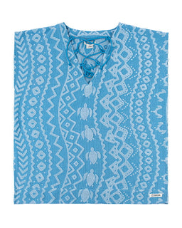 Blue patterned shirt with turtle design on a white background