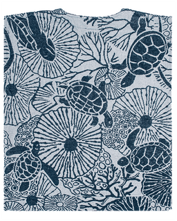 Textile with turtle and coral pattern in blue on a white background