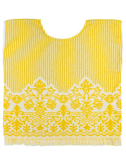 Yellow and white patterned  terry top with lace design on a white background