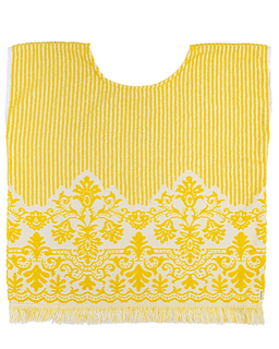 Yellow and white patterned terry top with lace design on a white background