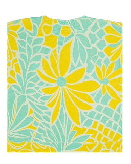 Floral patterned fabric with yellow flowers and green leaves on a white background